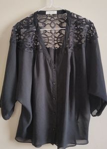 Sugarlips Black Sheer Lace Top Button Down Blouse